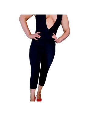 Fashion Nova Sexy Stretchy Black Deep Plunge Jumpsuit